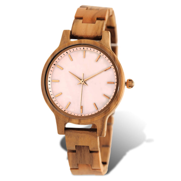 Olive wood watch with pink sea shell face and gold accents