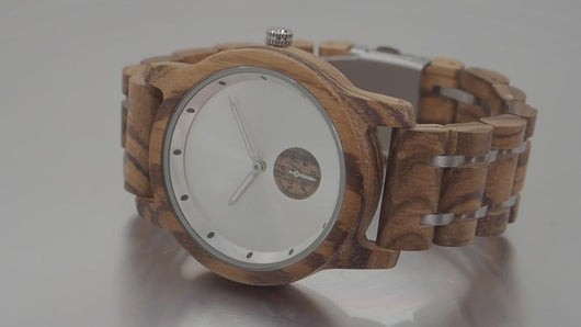 zebrawood wooden watch spinning on a turntable