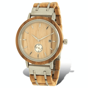 Olive wood and stainless steel luxury wooden watch with silver subdial