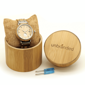 Olive wood and stainless steel watch in Unbranded bamboo box with link resizing tools