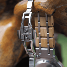 Load image into Gallery viewer, Open metal back closure on stainless steel and olive wood watch
