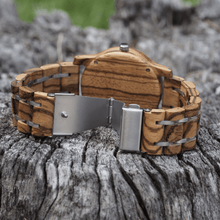 Load image into Gallery viewer, zebrawood wooden watch with open stainless steel back closure
