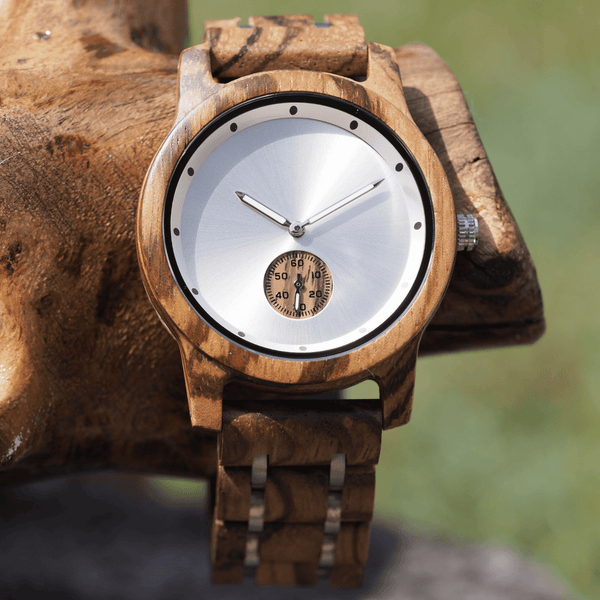 zebrawood and stainless steel wooden watch in a bamboo box with link resizing tool
