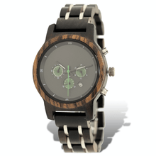 Load image into Gallery viewer, ebony, zebrawood, and stainless steel watch with three subdials

