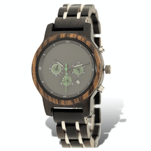 ebony, zebrawood, and stainless steel watch with three subdials