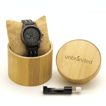 Load image into Gallery viewer, ebony, zebrawood, and stainless steel watch in a bamboo gift box with link resizing tool
