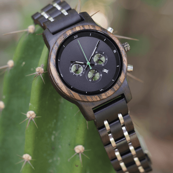 ebony, zebrawood, and stainless steel watch in a bamboo gift box with link resizing tool