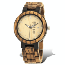 Load image into Gallery viewer, Ebony, zebrawood, and maple wooden watch with calendar and date window
