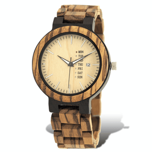 Ebony, zebrawood, and maple wooden watch with calendar and date window