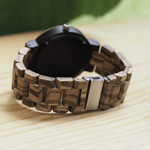Load image into Gallery viewer, Closed metal back closure of zebrawood, ebony, and maple watch
