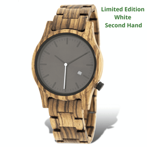 Zebrawood unisex wooden watch with limited edition white second hand