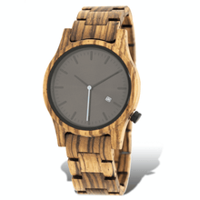 Load image into Gallery viewer, Zebrawood unisex wooden watch with black dial and blue second hand
