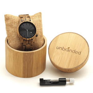 Zebrawood wooden watch in a bamboo Unbranded gift box with link adjustment tool