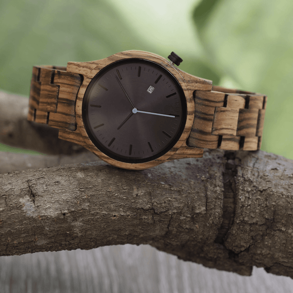 Zebrawood unisex wooden watch with limited edition white second hand