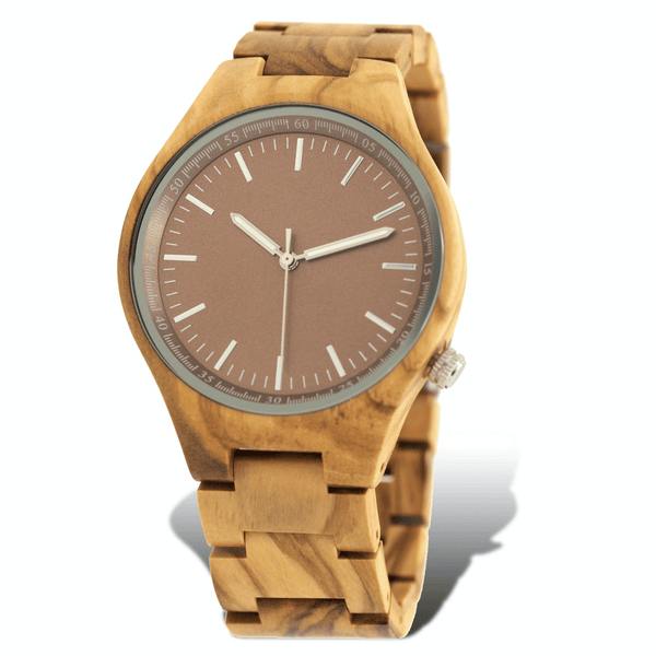 Zebrawood wooden watch with red brown dial