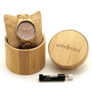 Zebrawood wooden watch in bamboo gift box with link adjustment tool