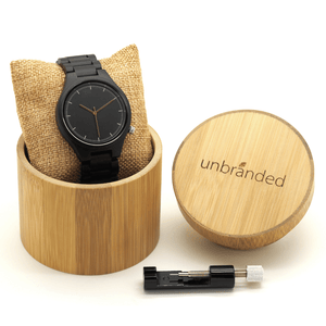 Ebony watch in a bamboo Unbranded USA box with link adjustment tool