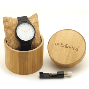 Ebony wooden watch in bamboo gift box with link resizing tool