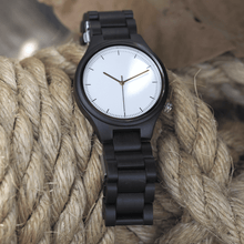Load image into Gallery viewer, Ebony wooden watch laying on rope
