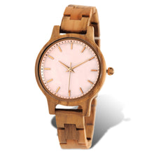 Load image into Gallery viewer, Olive wood watch with pink sea shell face and gold accents
