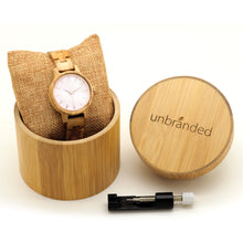 Load image into Gallery viewer, Women&#39;s olive wood watch in bamboo gift box with resizing tool
