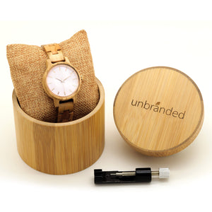 Women's olive wood watch in bamboo gift box with resizing tool