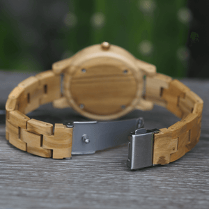 Open metal back closure on olive wood watch