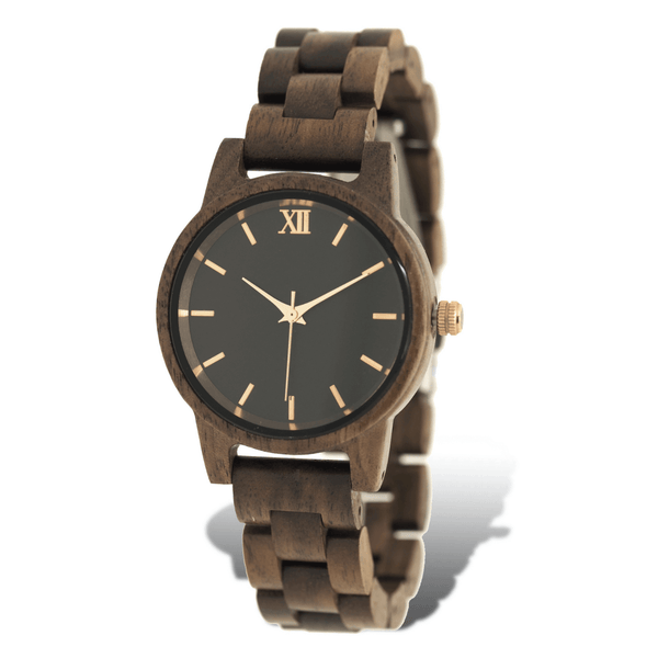 Walnut wooden watch with rose gold accents