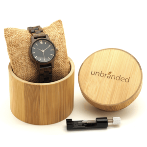 Walnut wooden watch in Unbranded bamboo box with link resizing tool